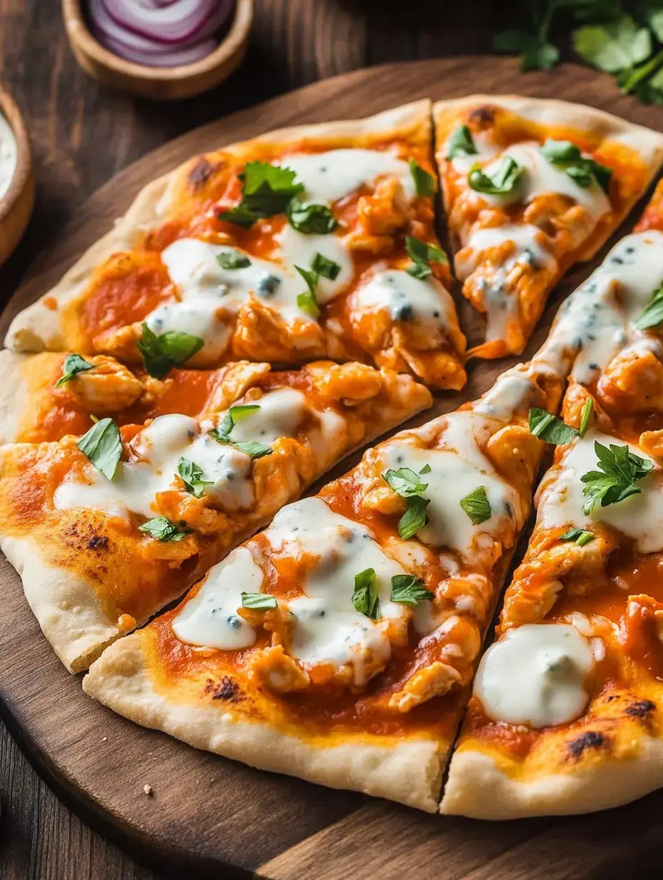 Une pizza fraîchement cuite garnie de poulet effiloché, d'une sauce crémeuse et décorée d'herbes fraîches, coupée sur une planche de service en bois.