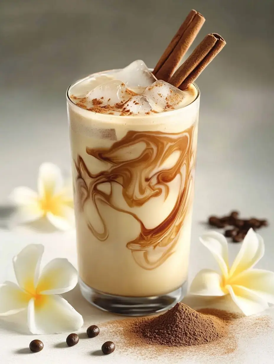 Un verre de café glacé avec des tourbillons de crème et de chocolat, garni de glaçons, bâtons de cannelle, et entouré de grains de café et de fleurs.