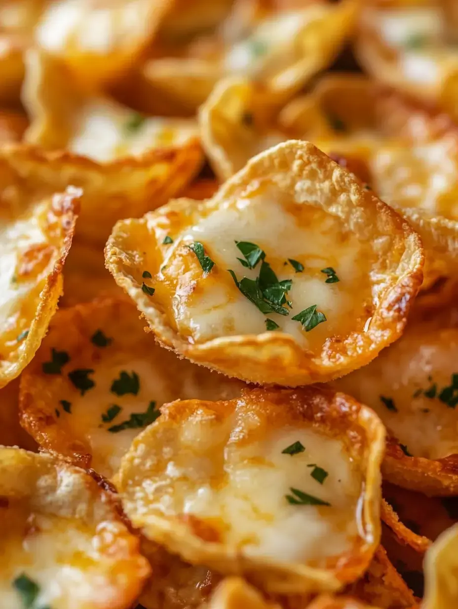Gros plan sur des wontons frits dorés et croustillants garnis de fromage fondu et de persil haché.