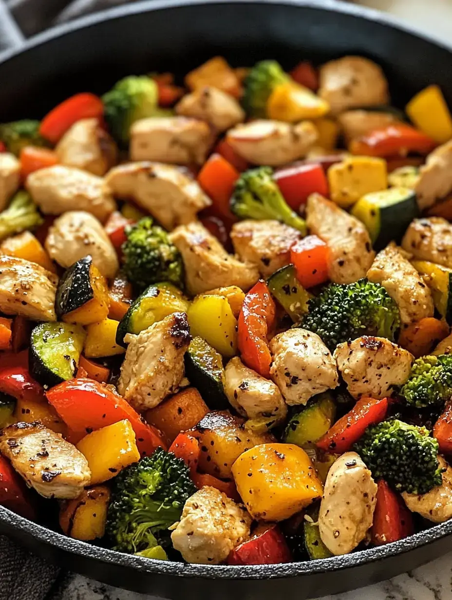 Un gros plan d'une poêle remplie de morceaux de poulet sautés colorés et une variété de légumes, dont du brocoli, des poivrons et des courgettes.
