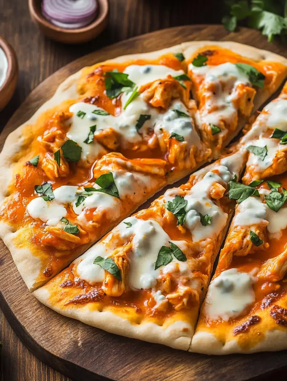 Une pizza fraîchement cuite garnie de poulet effiloché, d'une sauce acidulée et d'herbes fraîches, servie sur un plateau en bois.