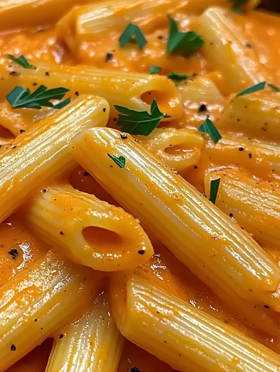 Un gros plan de pennes enrobées d'une sauce crémeuse orangée et garnies de persil frais.