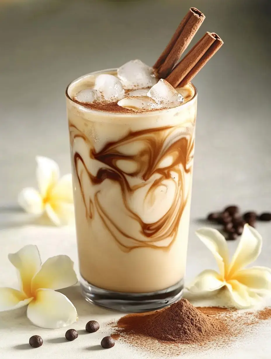 Un verre de café glacé avec des tourbillons de chocolat, garni de glaçons et bâtons de cannelle, entouré de grains de café et de fleurs de vanille.