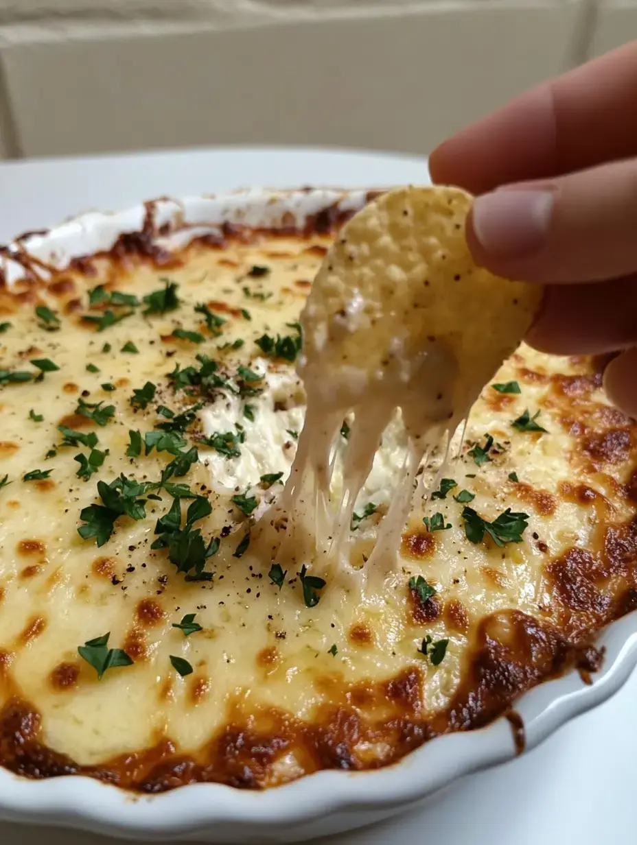 Une main tenant une chips s'approche d'une trempette au fromage cuite au four, garnie de persil dans un plat blanc.