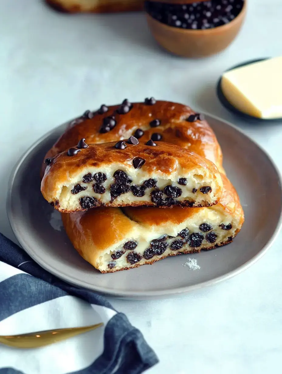 Une assiette contenant une pâtisserie coupée fourrée de pépites de chocolat, montrant son intérieur moelleux.