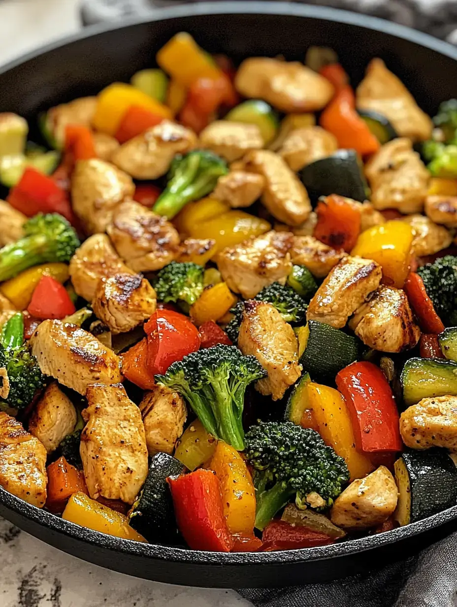 Une poêle remplie de morceaux de poulet sautés et de légumes colorés, notamment des poivrons, du brocoli et des courgettes.