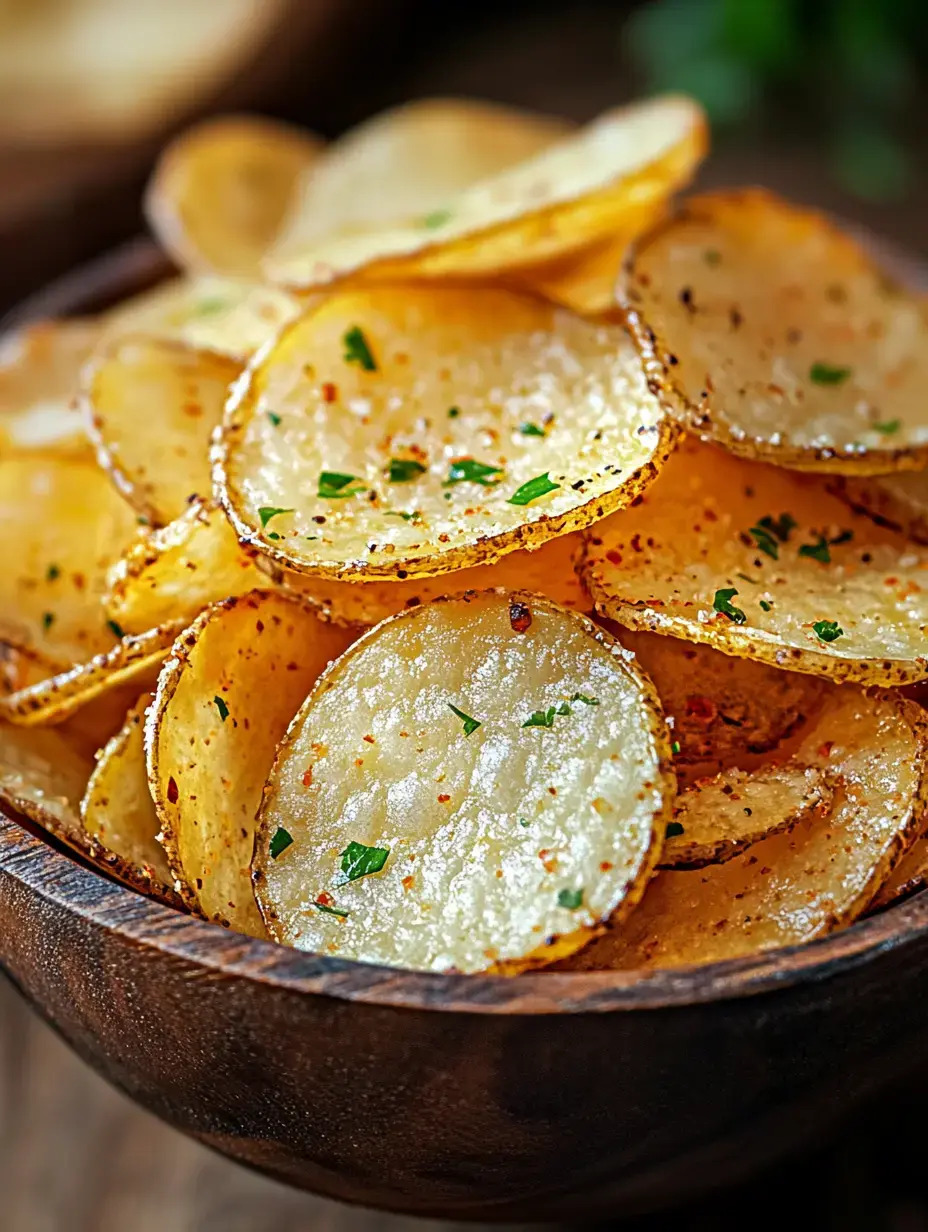Gros plan d'un bol en bois rempli de chips croustillantes garnies d'herbes vertes et d'épices.