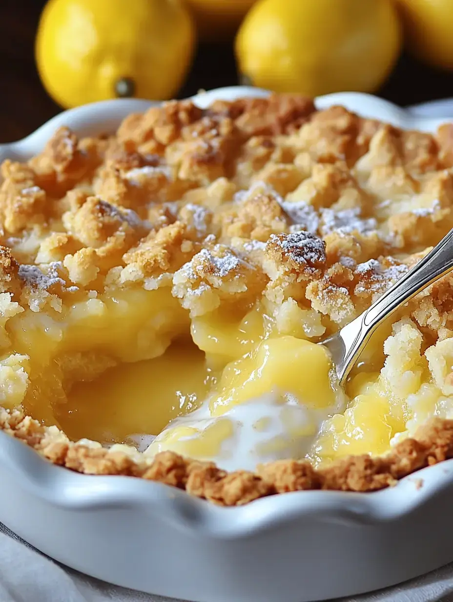 Un gros plan d'un dessert au citron avec une garniture friable, montrant une crème de citron onctueuse et une cuillère posée sur le côté.