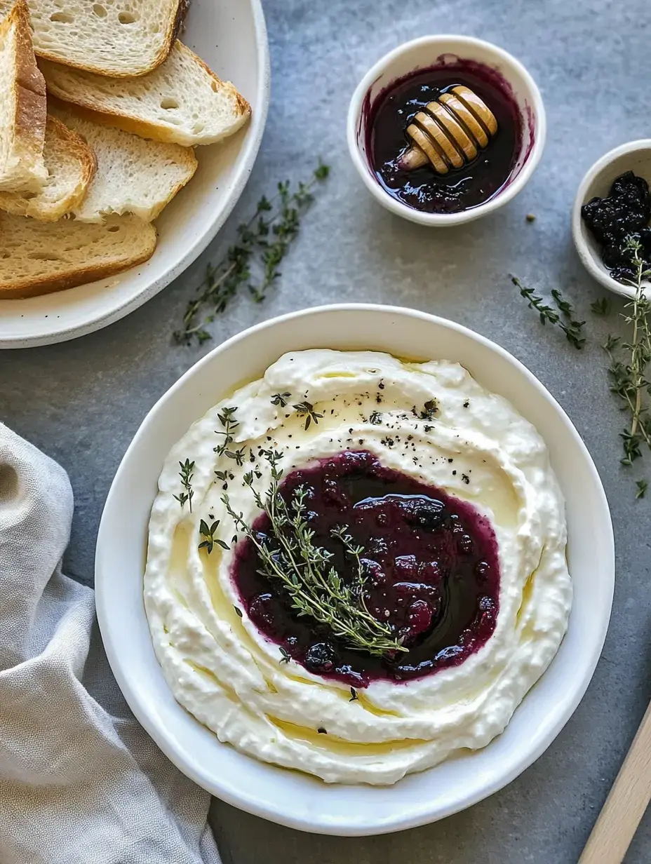 Un bol de yaourt crémeux garni de compote de fruits rouges et d'huile d'olive, décoré de thym, accompagné de tranches de pain et d'un petit bol de miel.