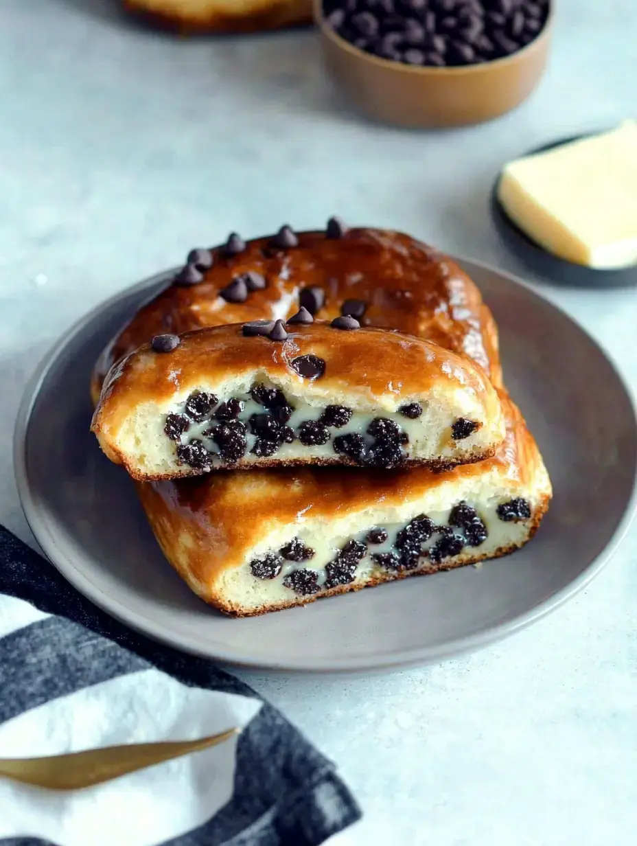 Une assiette contenant deux morceaux de pâtisserie aux pépites de chocolat, avec des pépites saupoudrées sur le dessus, accompagnée d'un bol de pépites et d'un morceau de beurre.