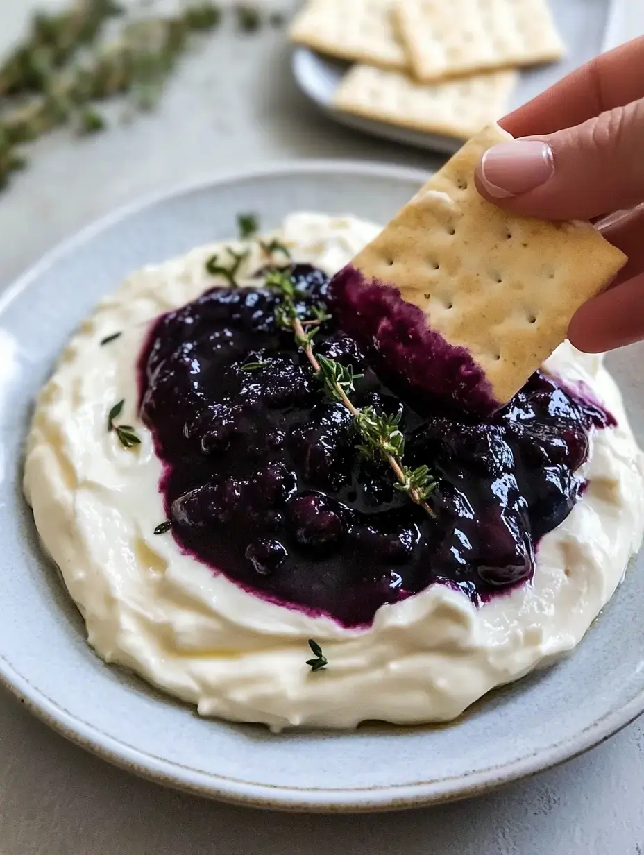 Un cracker plongé dans une tartinade crémeuse blanche surmontée de compote de fruits rouges et garnie de thym frais.
