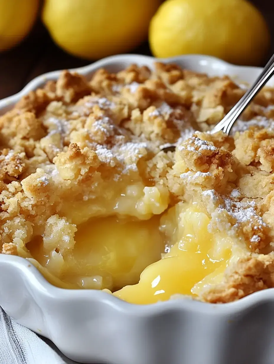 Un gros plan d'un crumble au citron dans un plat blanc, avec une cuillère et une garniture de crème de citron visible.