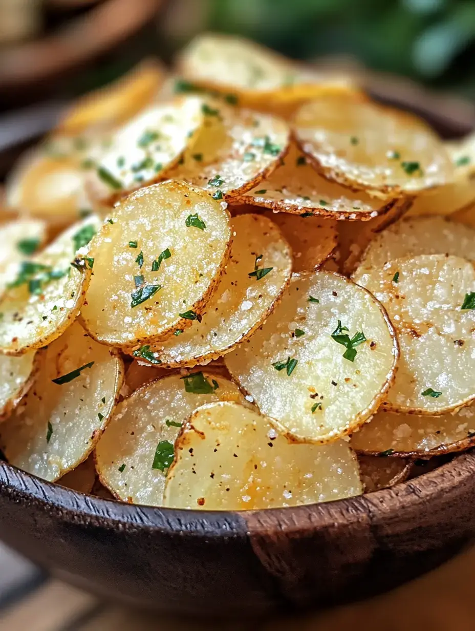 Gros plan d'un bol en bois rempli de chips dorées et croustillantes garnies d'herbes fraîches.