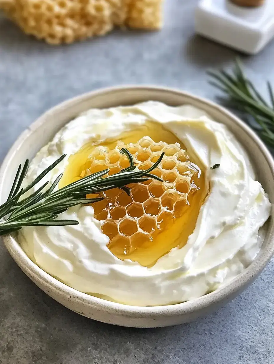 Un bol de crème onctueuse garni de rayon de miel et nappé de miel, décoré de romarin.