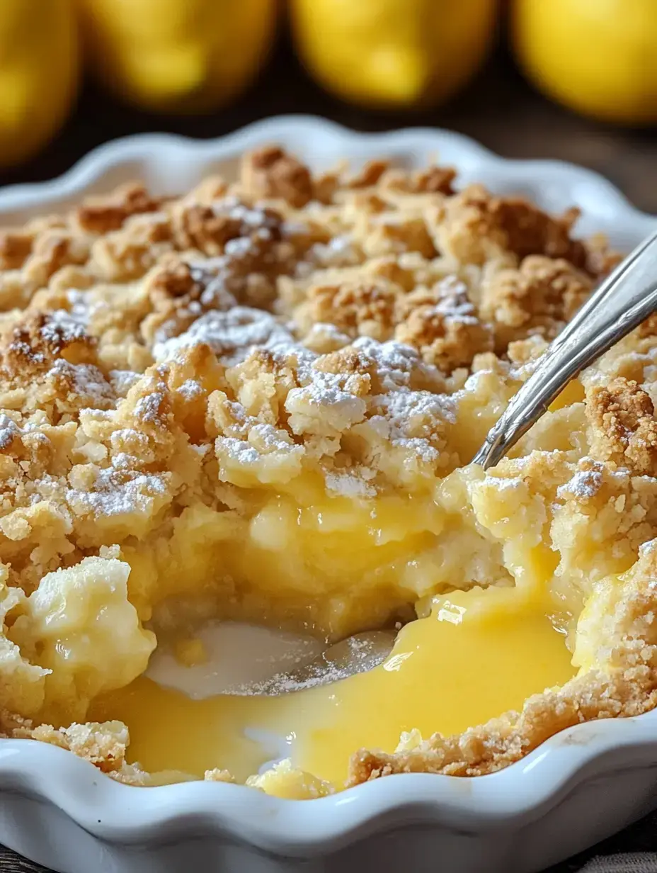 Un gros plan d'un dessert au citron avec une garniture croustillante et une crème citronnée, partiellement servi avec une cuillère.