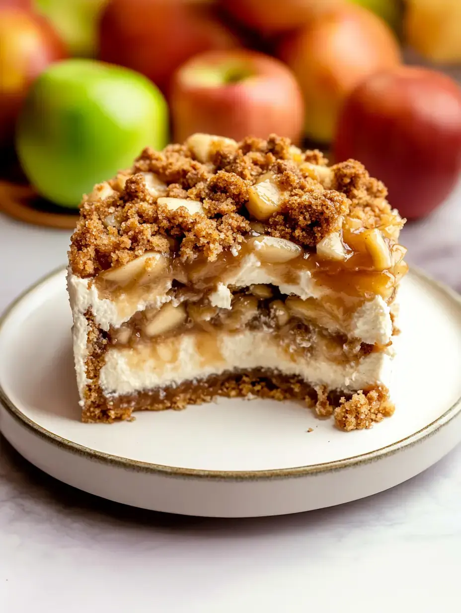 Une part de cheesecake crumble aux pommes posée sur une assiette, révélant des couches de garniture crémeuse, des pommes cuites et un topping croustillant, avec des pommes fraîches en arrière-plan.