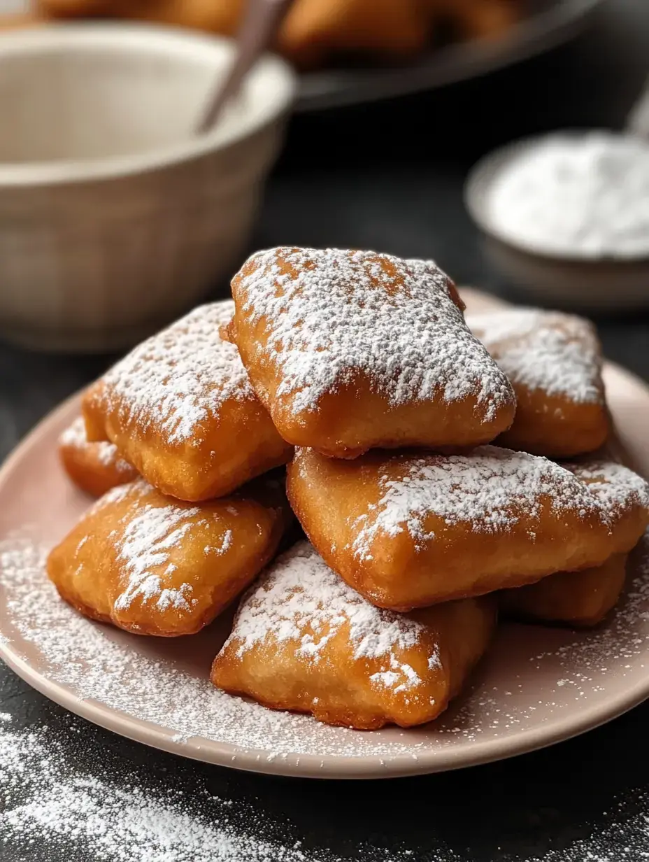 Une pile de pâtisseries dorées saupoudrées de sucre glace sur une assiette rose pâle, avec un bol flou et d'autres pâtisseries en arrière-plan.