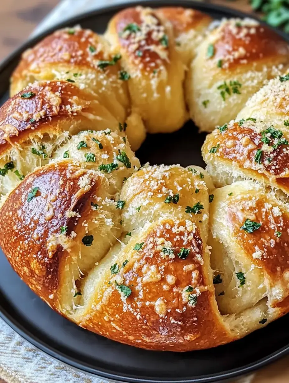 Une couronne de pain à l'ail et aux herbes fraîchement cuite, garnie de fromage fondu et de persil, posée sur une assiette noire.