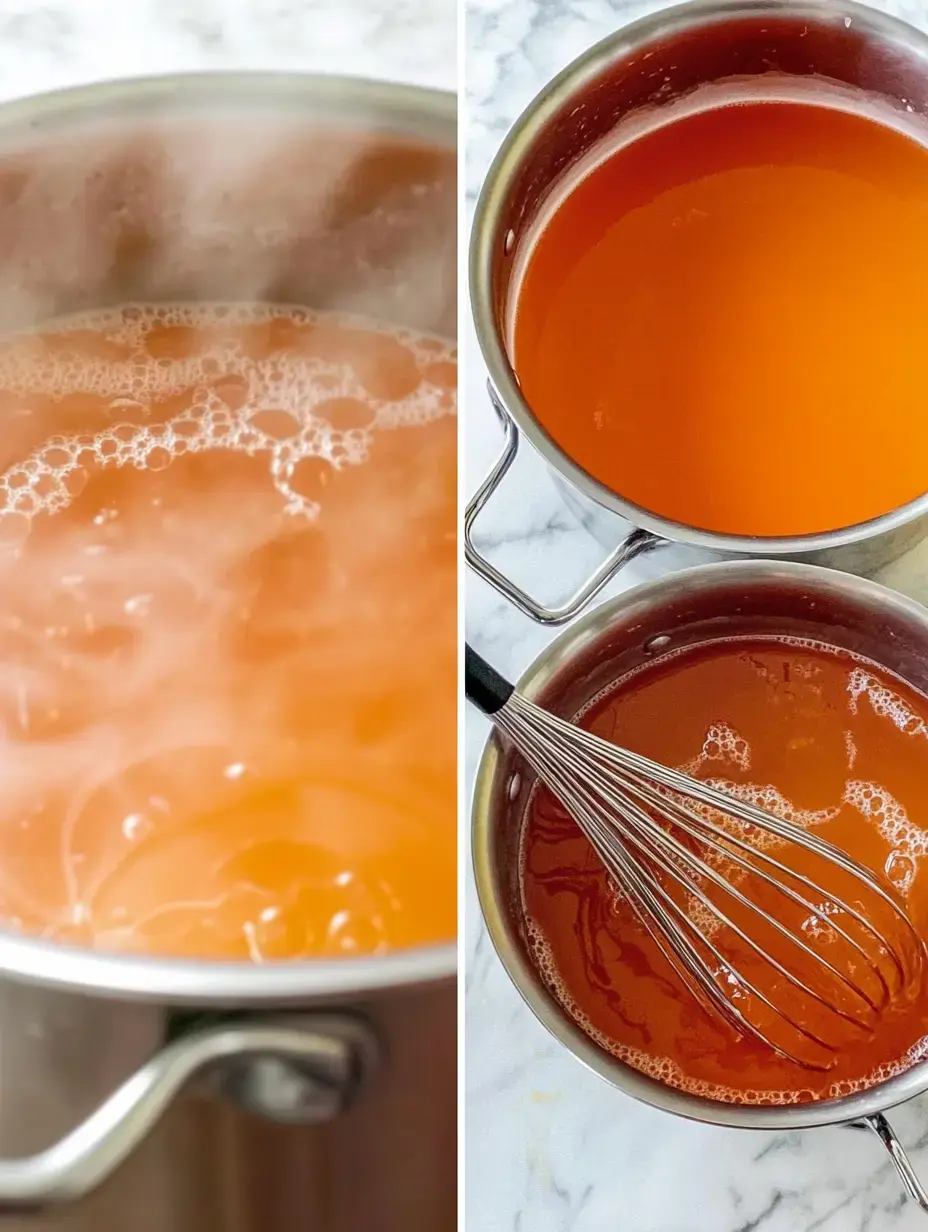 Une image divisée montrant une casserole bouillonnante de liquide orange à gauche et une seconde casserole avec un liquide orange plus foncé et lisse avec un fouet à droite.