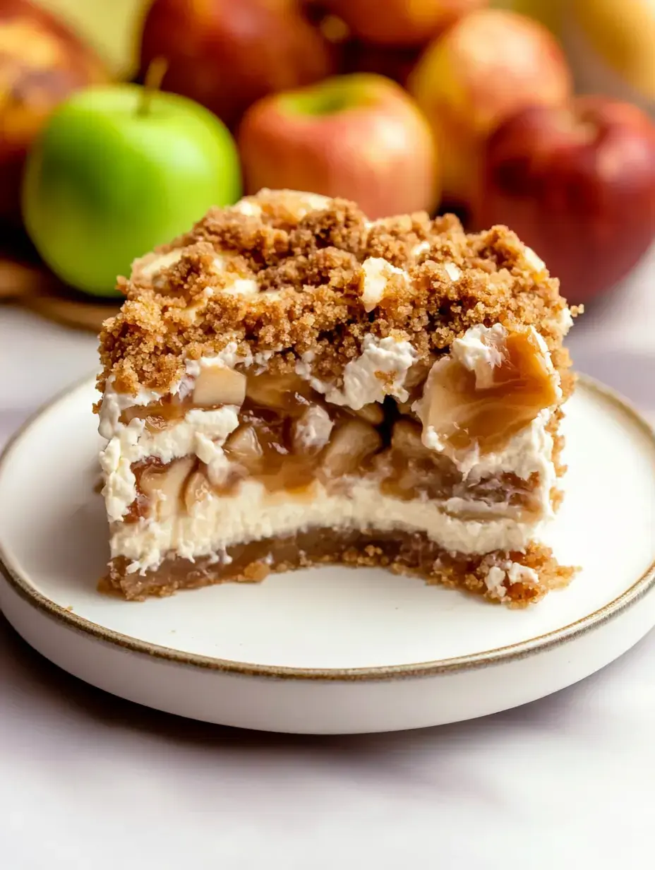 Une part de dessert présentant des couches de garniture crémeuse, des pommes et un topping croustillant, posée sur une assiette blanche avec un arrière-plan flou de diverses pommes.