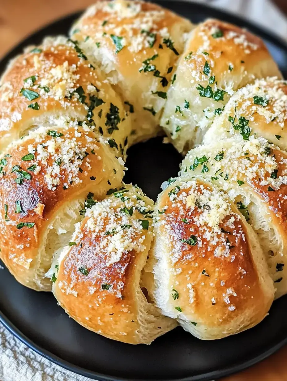 Un pain à partager doré et savoureux, garni d'herbes et de fromage râpé, présenté en forme circulaire sur une assiette noire.