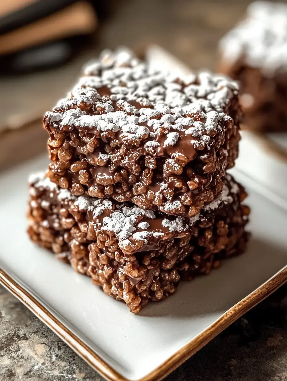 Une assiette garnie de carrés de riz soufflé enrobés de chocolat et saupoudrés de sucre glace.