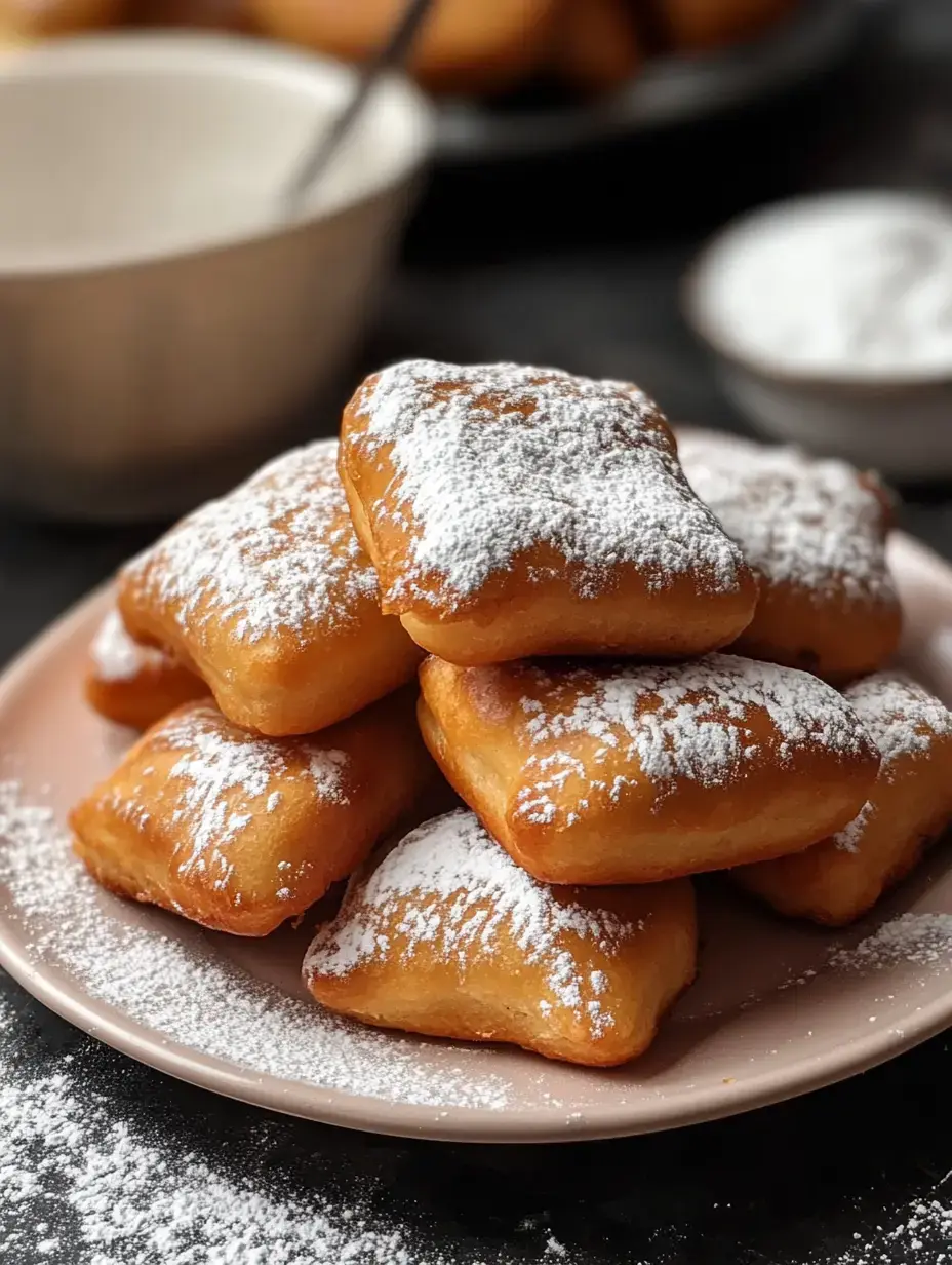 Une assiette de beignets dorés saupoudrés de sucre glace posée sur un fond sombre, avec du sucre supplémentaire et un bol en arrière-plan.