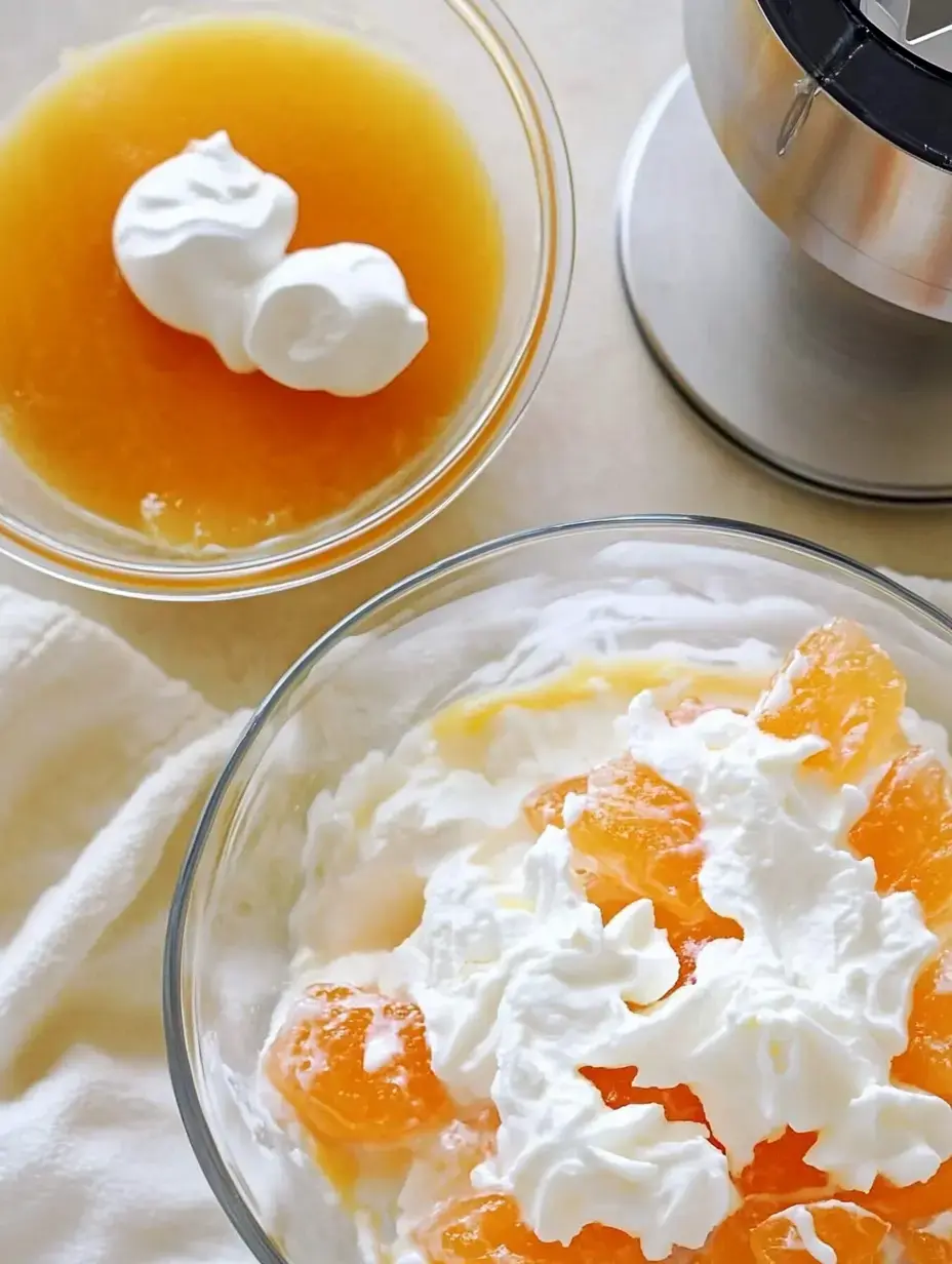 Un bol de dessert crémeux garni de cubes de gelée orange et de crème fouettée, accompagné d'un autre bol de gelée avec de la crème fouettée supplémentaire.