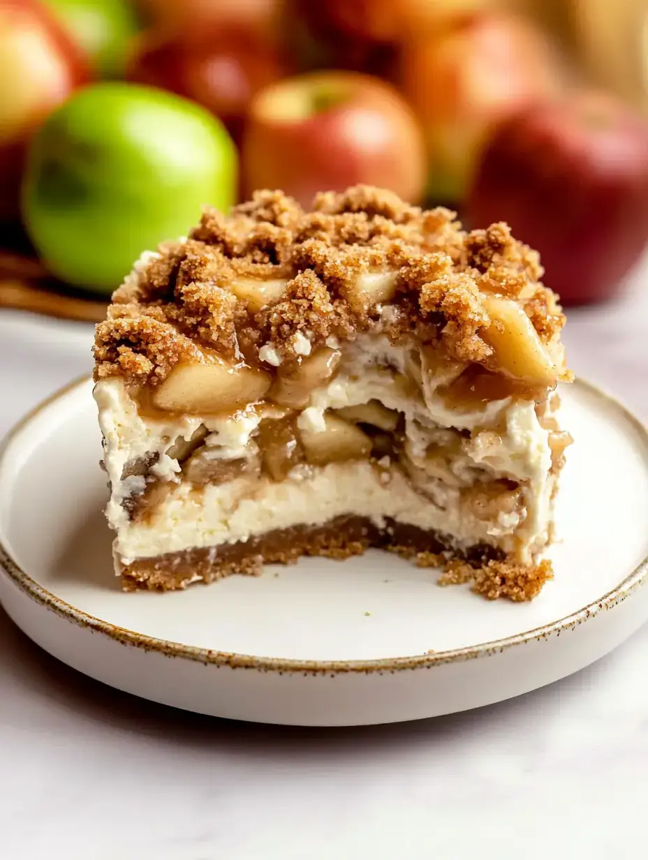 Une part de cheesecake aux pommes surmonté d'un streusel croustillant est servie sur une assiette blanche, avec des pommes fraîches en arrière-plan.