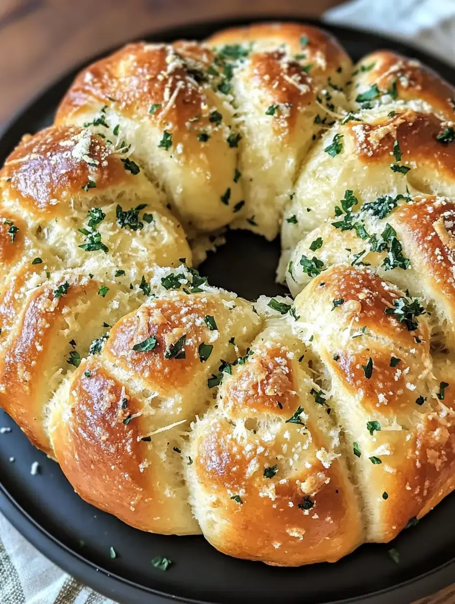 Une couronne de pain à l'ail moelleuse et dorée, garnie de persil et de fromage râpé sur une assiette noire.