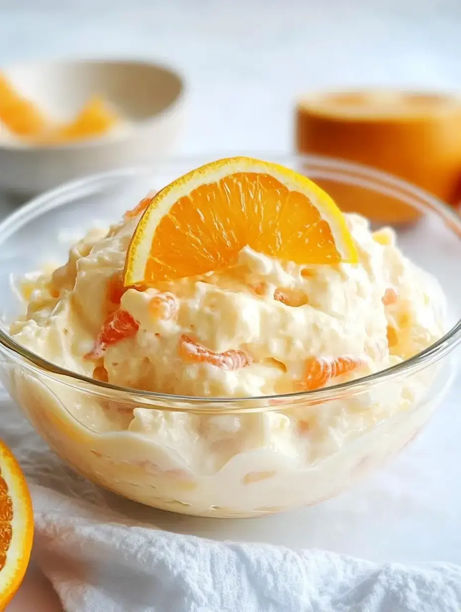 Un bol de salade de fruits crémeuse garnie d'une tranche d'orange, entourée de segments d'orange fraîche.