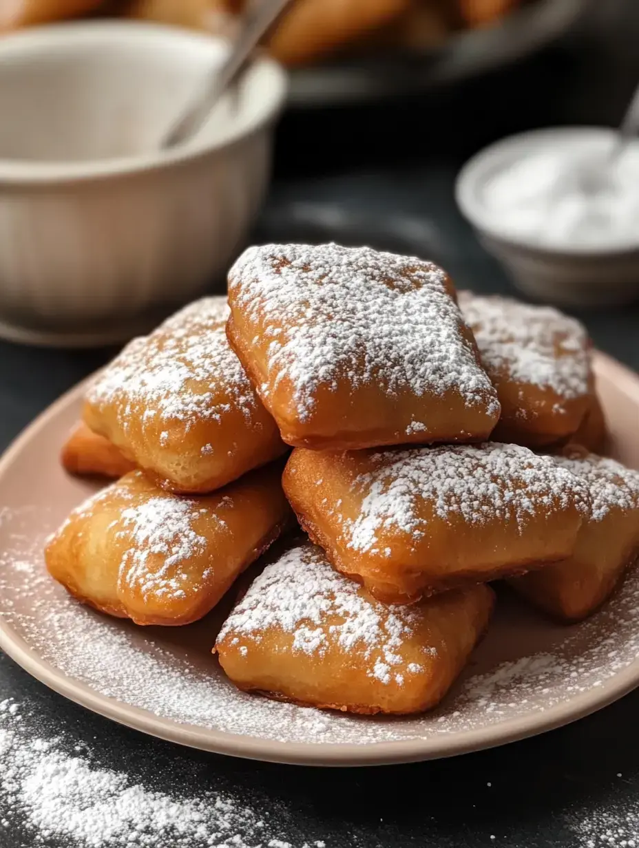 Une assiette de pâtisseries dorées saupoudrées de sucre glace, empilées et prêtes à servir.