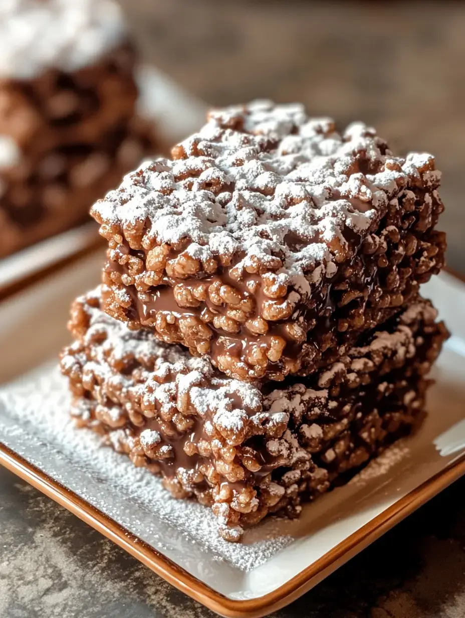 Une pile de carrés de riz soufflé enrobés de chocolat et saupoudrés de sucre glace sur une assiette blanche.