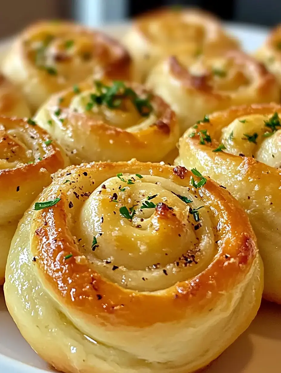 Gros plan sur des petits pains dorés fraîchement cuits, en spirale, garnis de persil et de poivre.
