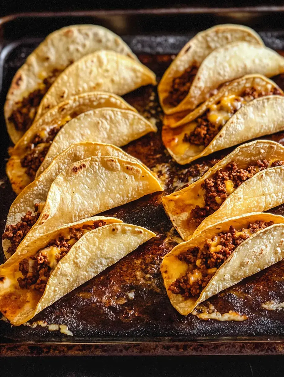 Un plateau de tacos de maïs dorés remplis de viande hachée assaisonnée et de fromage fondu.