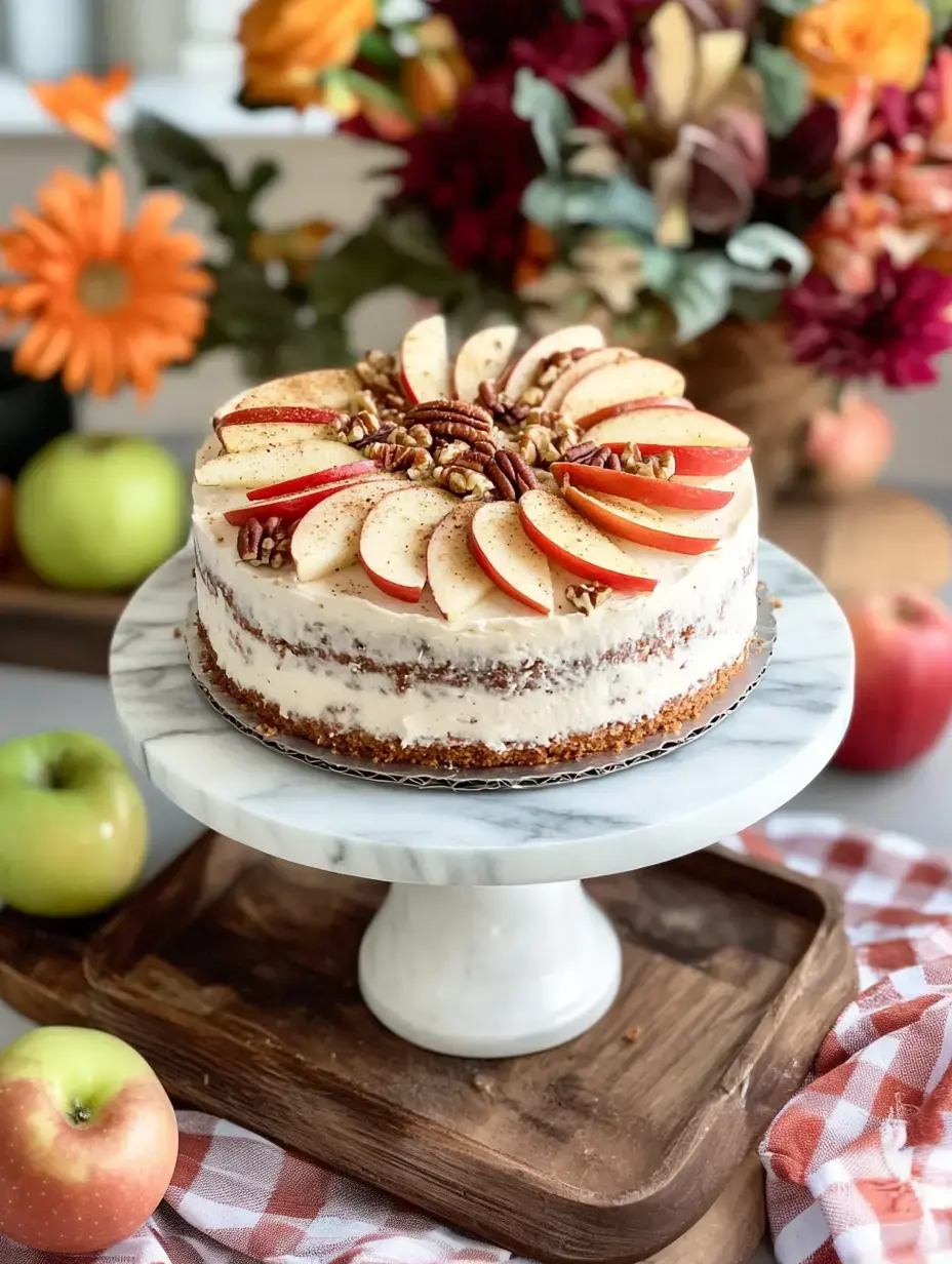 Un gâteau magnifiquement décoré garni de tranches de pommes et de noix de pécan, présenté sur un présentoir en marbre, entouré de pommes fraîches et de fleurs colorées.