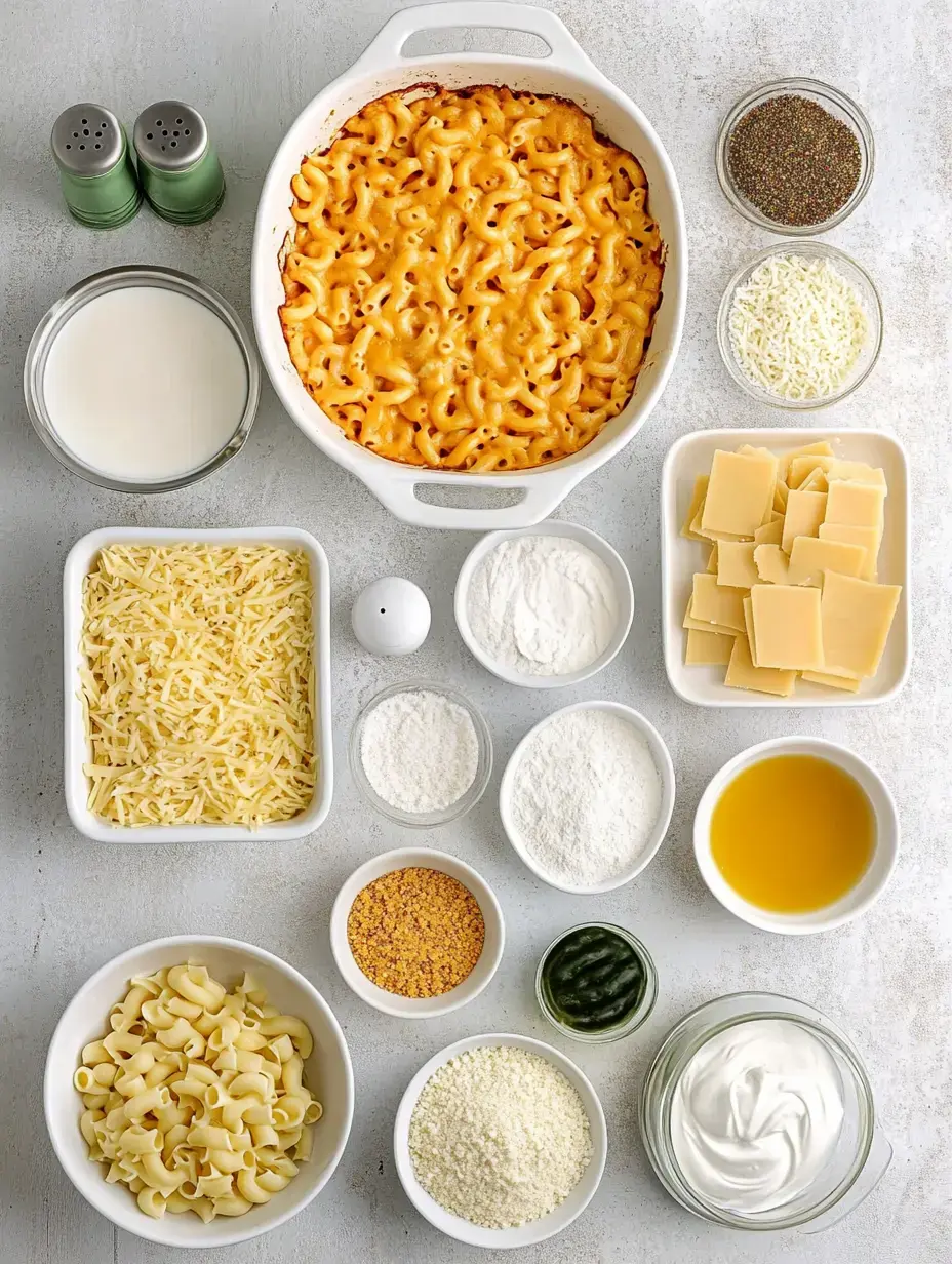 Vue plongeante d'un plan de travail avec les ingrédients pour macaronis au fromage, incluant un plat cuit de macaronis, divers fromages, lait, farine, épices et condiments disposés dans des bols.