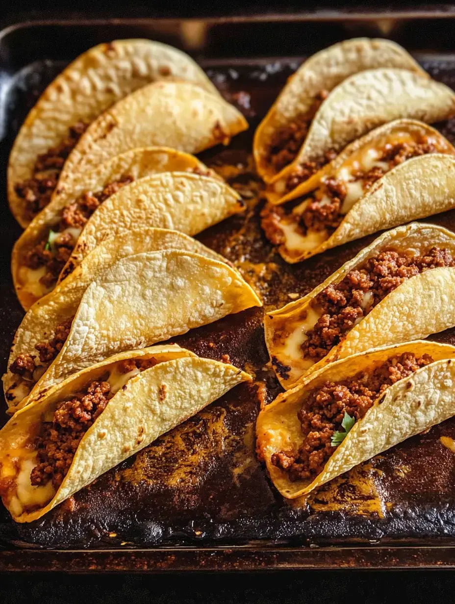 Un plateau de tacos au fromage garnis de viande hachée assaisonnée est présenté, avec les tacos alignés.
