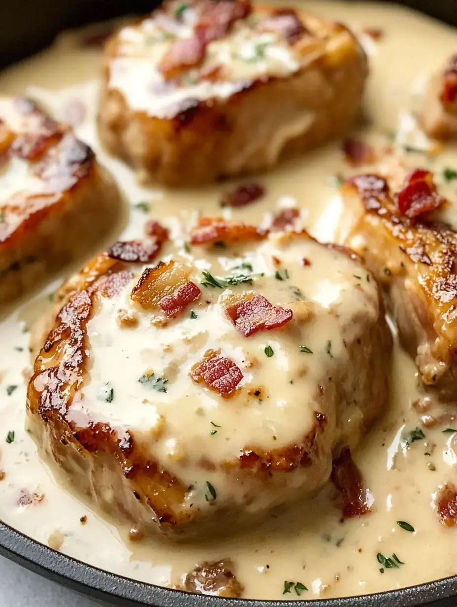 Côtelettes de porc cuites dans une sauce crémeuse, garnies de lard croustillant et d'herbes, servies dans une poêle.