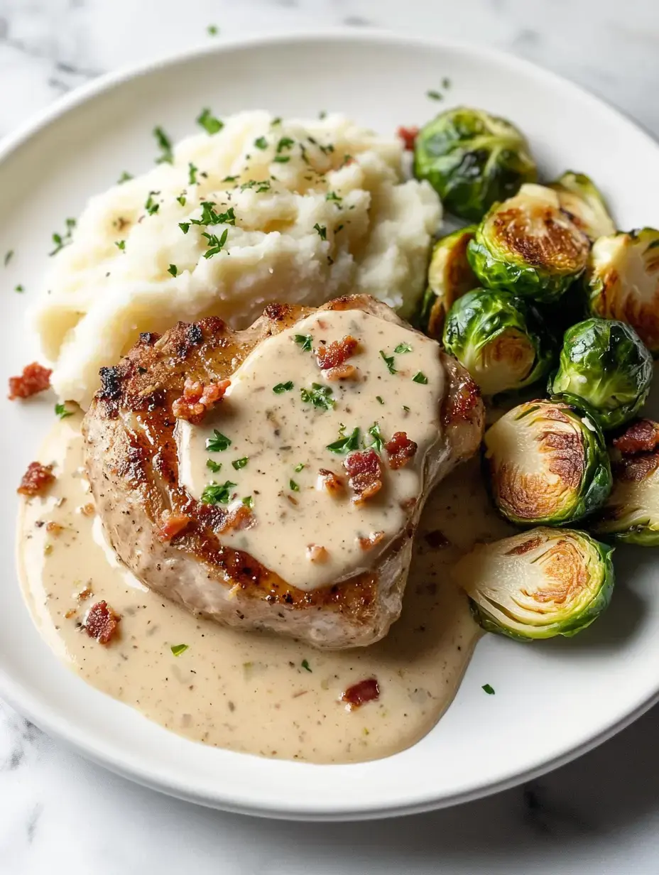 Une assiette de côtelette de porc crémeuse nappée de sauce, servie avec purée de pommes de terre et choux de Bruxelles rôtis.