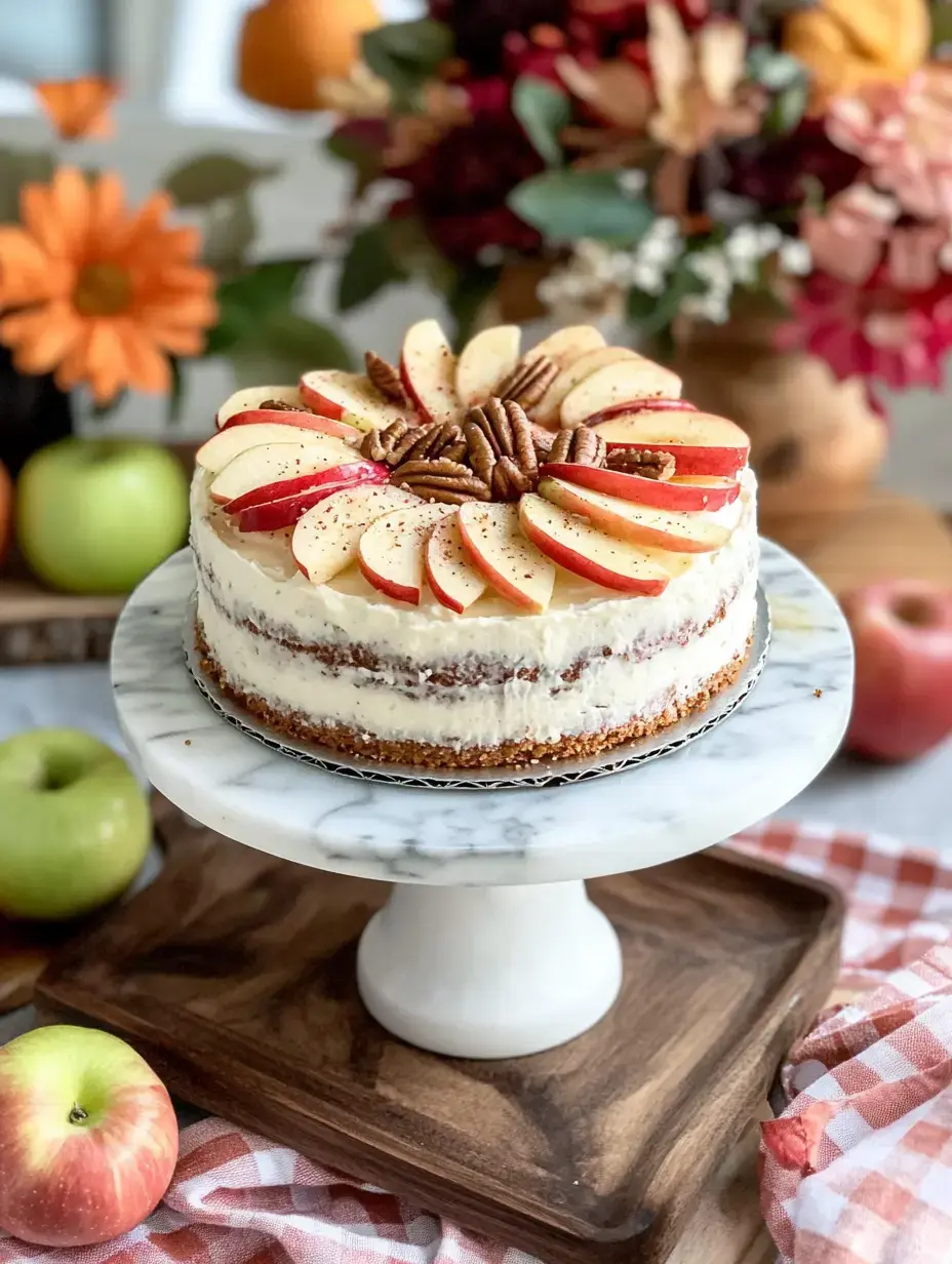 Un gâteau superbement décoré garni de tranches de pommes et de noix de pécan, présenté sur un socle en marbre, entouré de décorations automnales colorées et de pommes fraîches.