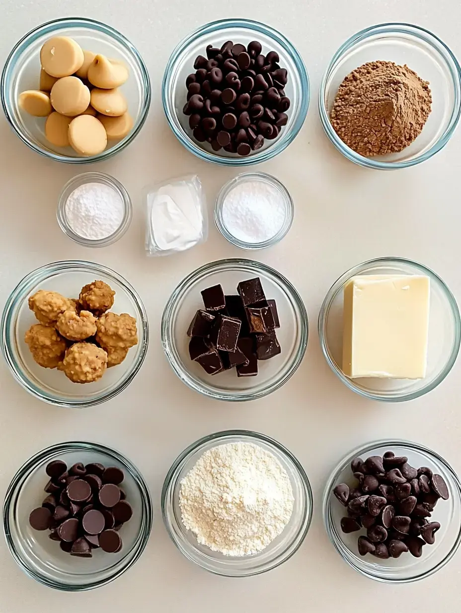 Vue d'ensemble d'ingrédients de pâtisserie dans des bols en verre, comprenant des pépites de chocolat, du cacao, de la farine, du sucre, du beurre de cacahuète et du beurre.