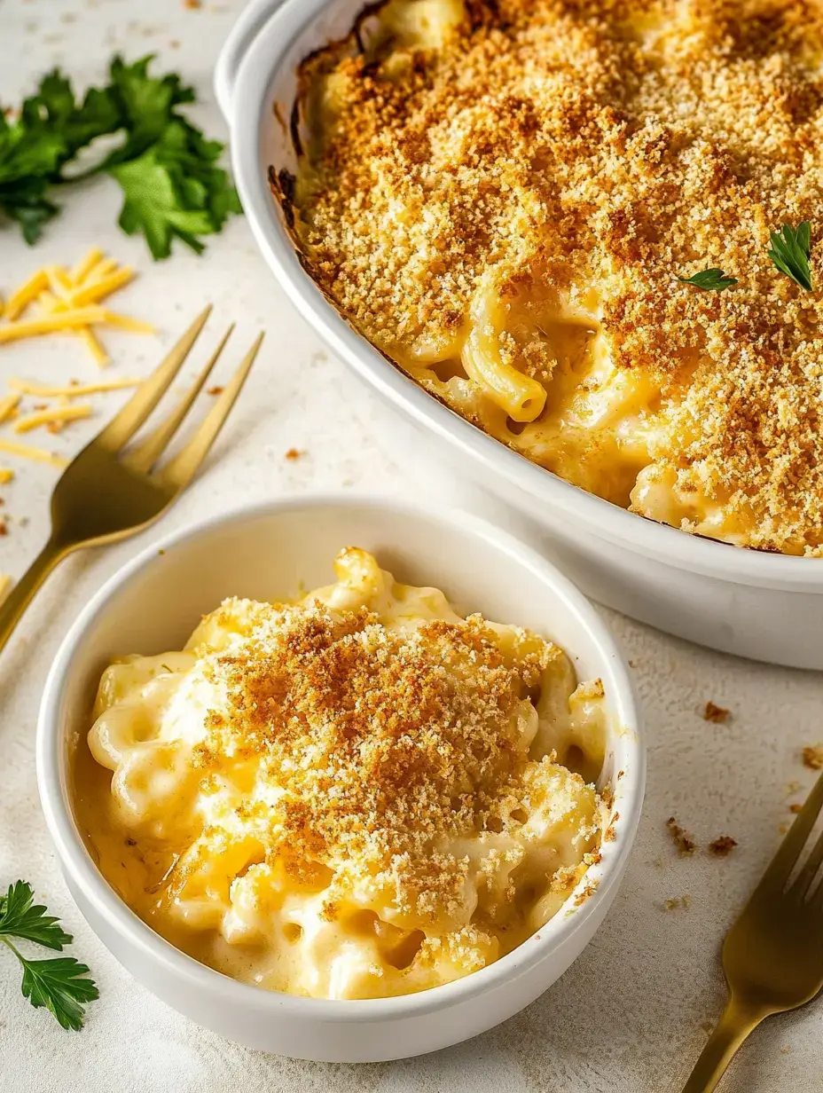 Un plat de macaronis au fromage gratinés avec une chapelure dorée est présenté à côté d'une portion servie dans un bol, garnie de persil.