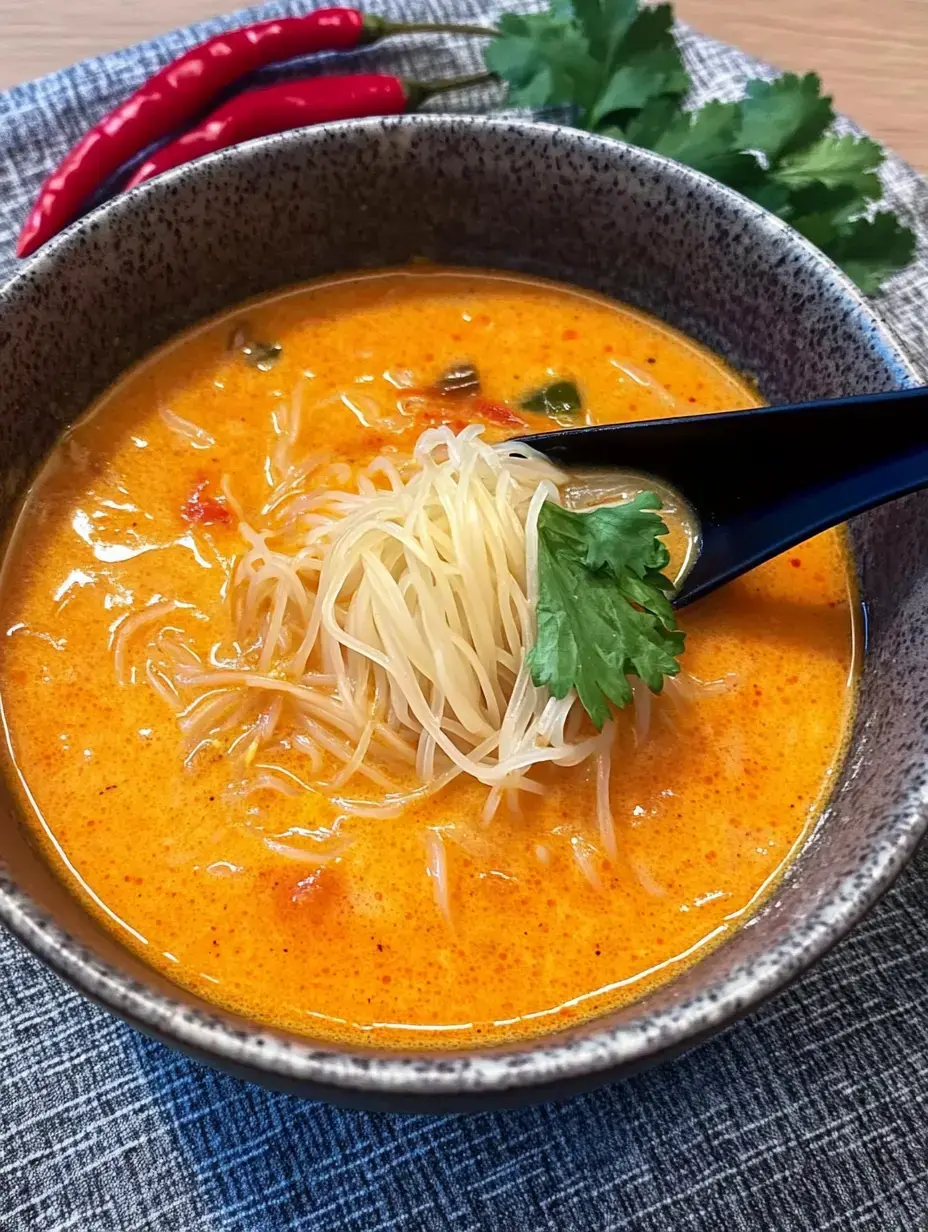 Un bol de soupe crémeuse de couleur orangée avec des nouilles de riz et un brin de coriandre, accompagné de piments rouges en arrière-plan.