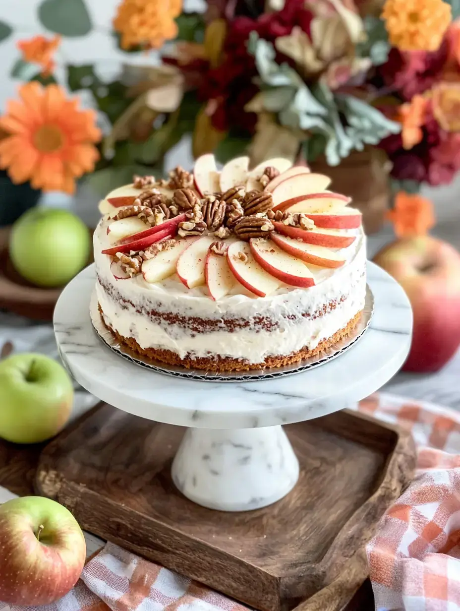 Un gâteau magnifiquement décoré garni de tranches de pommes et de noix de pécan, posé sur un présentoir en marbre au milieu de fleurs colorées et de pommes fraîches.