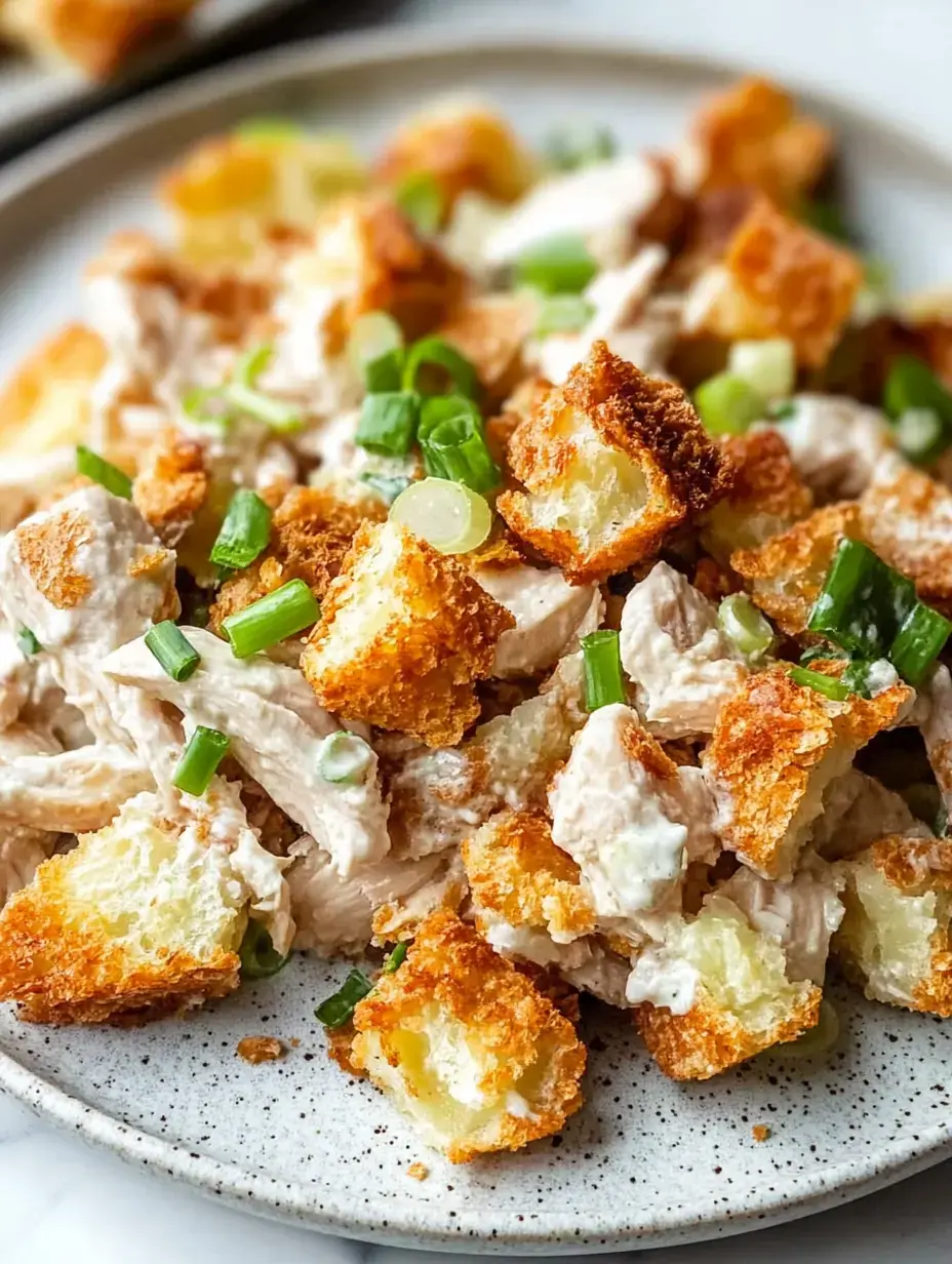 Une assiette de salade de poulet émincé crémeuse garnie de morceaux de pain dorés croustillants et décorée de ciboulette.