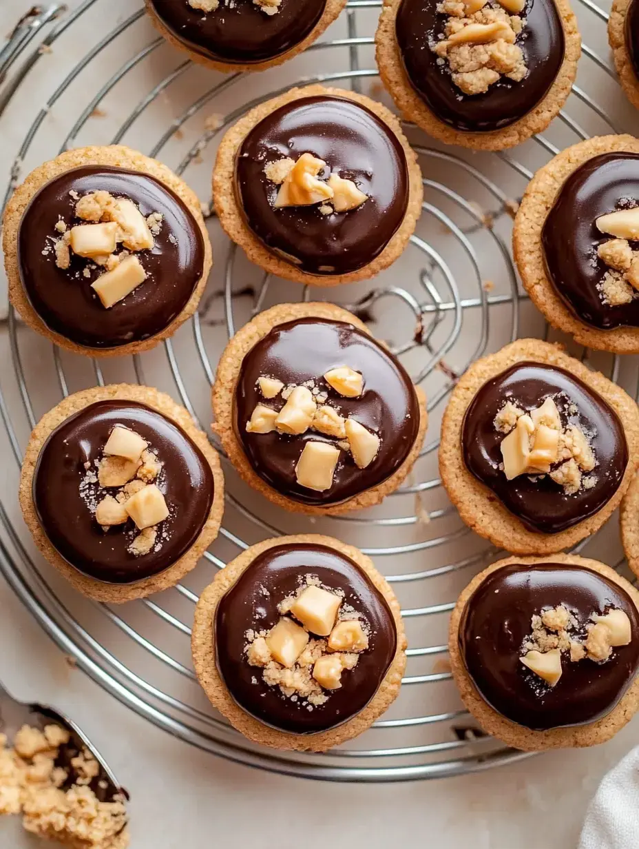 Gros plan de biscuits ronds garnis de glaçage brillant au chocolat et parsemés de noix hachées, disposés sur une grille.