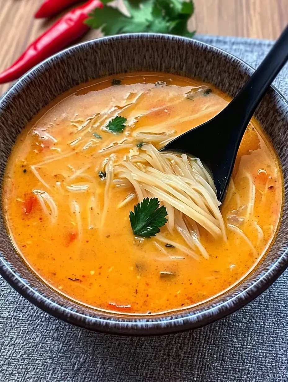 Un bol de soupe crémeuse avec des nouilles garnie de coriandre, accompagné de piments rouges en arrière-plan.