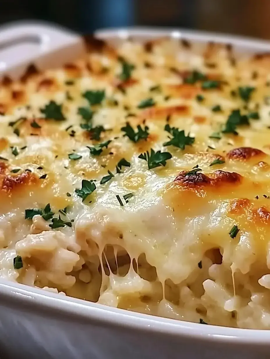 Un gratin crémeux et fromager avec une couche dorée de fromage et parsemé d'herbes fraîches.