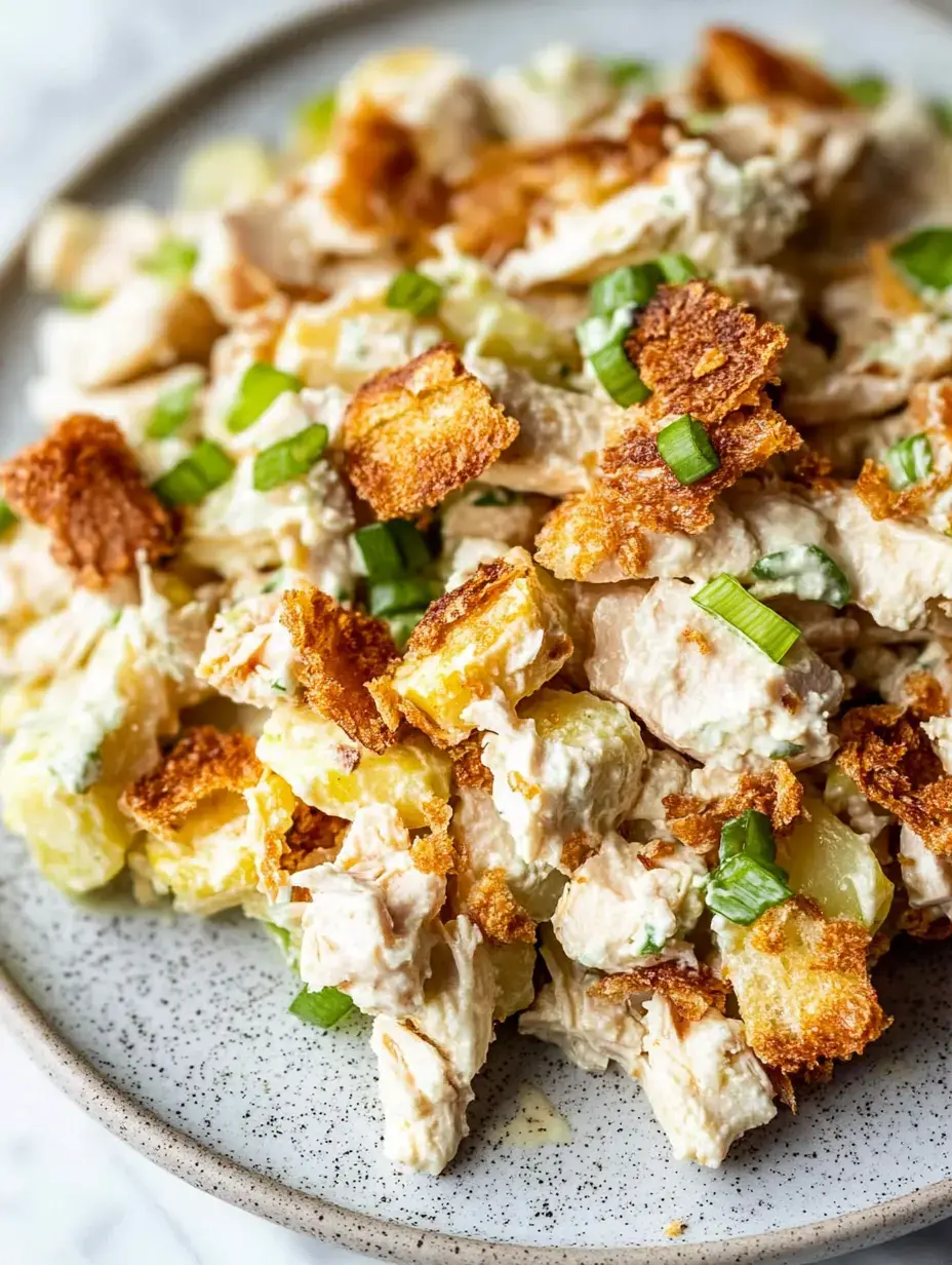 Gros plan d'une assiette de salade de poulet crémeuse garnie de morceaux de pain croustillants et décorée de ciboulette hachée.